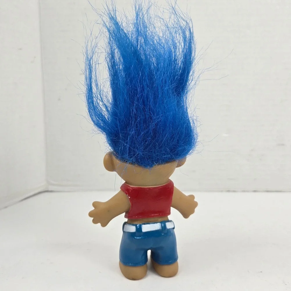 Vtg 90s Russ Berrie Troll Doll Hippie Stripper Blue Hair Red Vest Blue Shorts 4